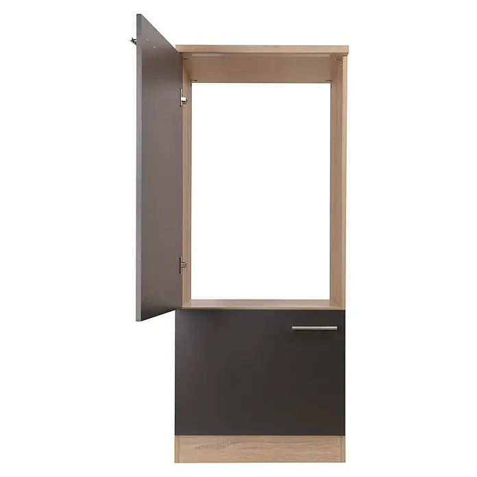 Respekta Merle Kühlumbauschrank - B x T x H: 60 x 60 x 144,8 cm, Grau, Für Kühlschrank - Der moderne Hochschrank in Grau und Holzoptik mit einer offenen Tür bietet Stauraum und ein elegantes Design für Ihr Zuhause.