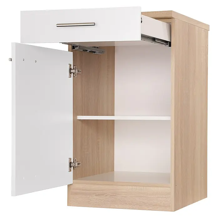 Respekta Merle Unterschrank - B x T x H: 50 x 60 x 84,8 cm, Weiß - Nachttisch mit Schublade und offenem Fach zur Aufbewahrung von Dingen, die man im Schlafzimmer benötigt. Das Möbelstück ist in Weiß und Holzoptik gehalten.