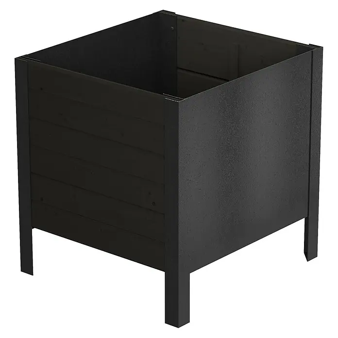 Plus Pflanzkasten Cubic - Außenmaß (L x B x H): 83 x 46 x 46,5 cm, Holz, Schwarz - Dunkelgrauer quadratischer Pflanzkasten mit Holzlamellenwänden und strukturiertem Metallrahmen, auf kurzen Beinen stehend.
