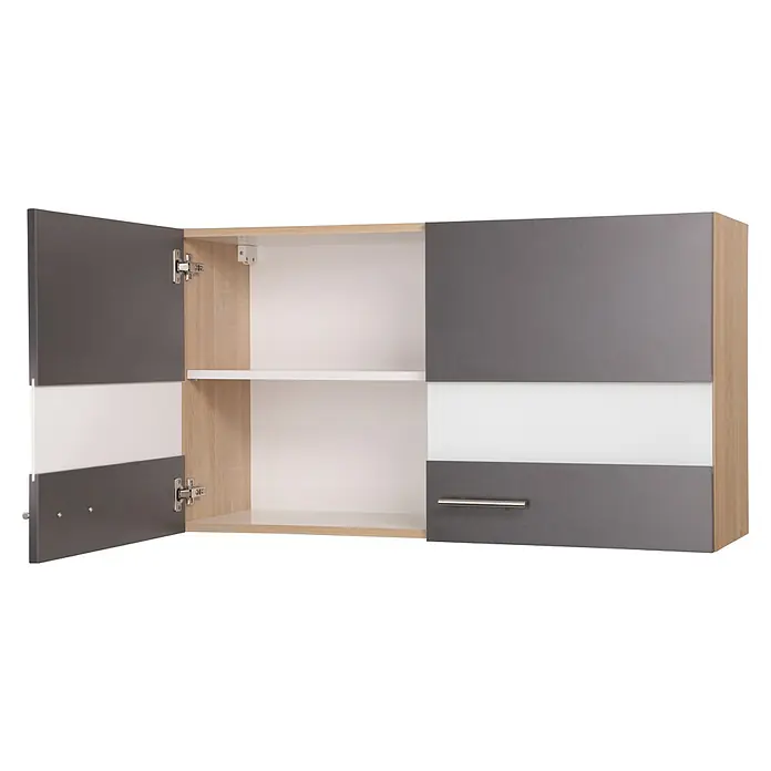 Respekta Merle Küchen-Hängeschrank - B x T x H: 100 x 34,6 x 56,1 cm, Grau - Grauer und weißer Hängeschrank mit zwei Türen. Eine Tür ist offen und zeigt das Innere des Schranks.