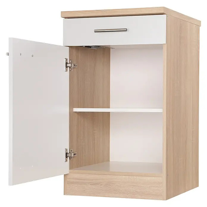 Respekta Merle Unterschrank - B x T x H: 50 x 60 x 84,8 cm, Weiß - Aufnahme eines offenen weißen und hellbraunen Nachttisches mit einer Schublade, einer Tür und einem Fach.
