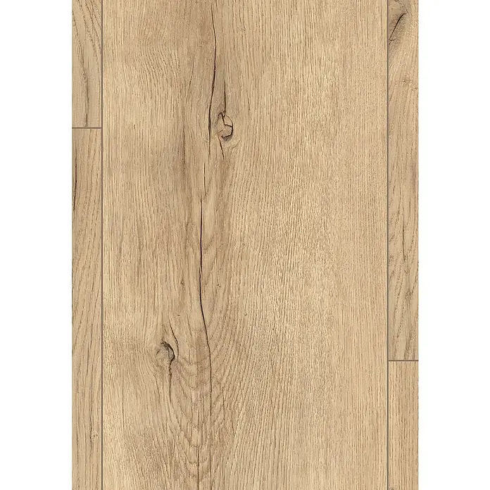 Egger Laminatmuster NatureSense - 297 x 246 x 8 mm, Landhausdiele, Carlin Eiche sand - Nahaufnahme eines Laminatbodens mit Holzmaserung und Astlöchern für eine realistische Holzoptik. Ideal für moderne Wohnräume.