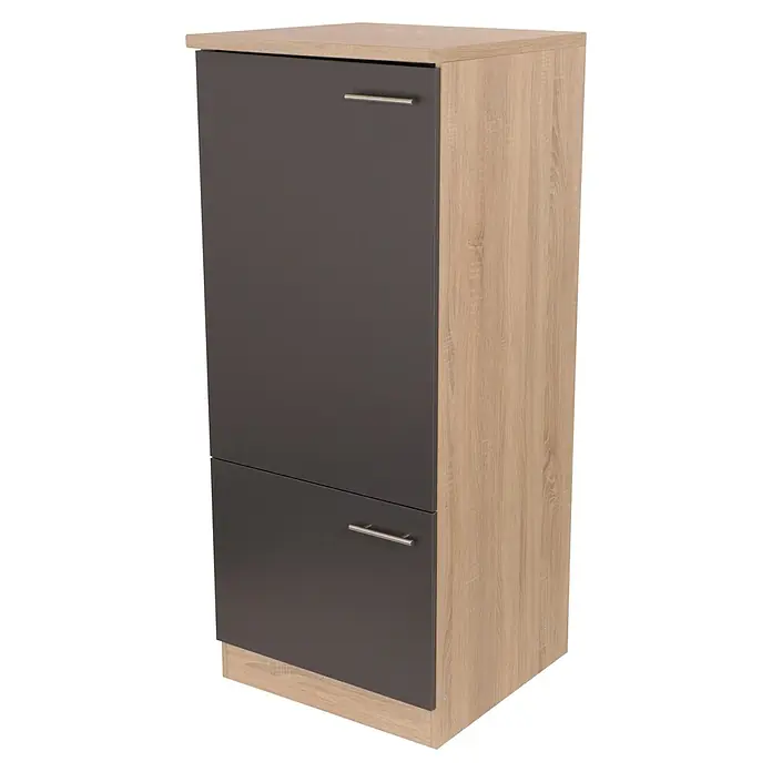 Respekta Merle Kühlumbauschrank - B x T x H: 60 x 60 x 144,8 cm, Grau, Für Kühlschrank - Ein stilvoller Schuhschrank in Holzoptik mit zwei grauen Klappen und silberfarbenen Griffen für einen modernen Look.