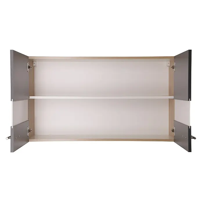 Respekta Merle Küchen-Hängeschrank - B x T x H: 100 x 34,6 x 56,1 cm, Grau - Ansicht eines geöffneten Badezimmerschranks mit einem Regal. Das Innere des Schranks ist weiß und die Türen sind grau.
