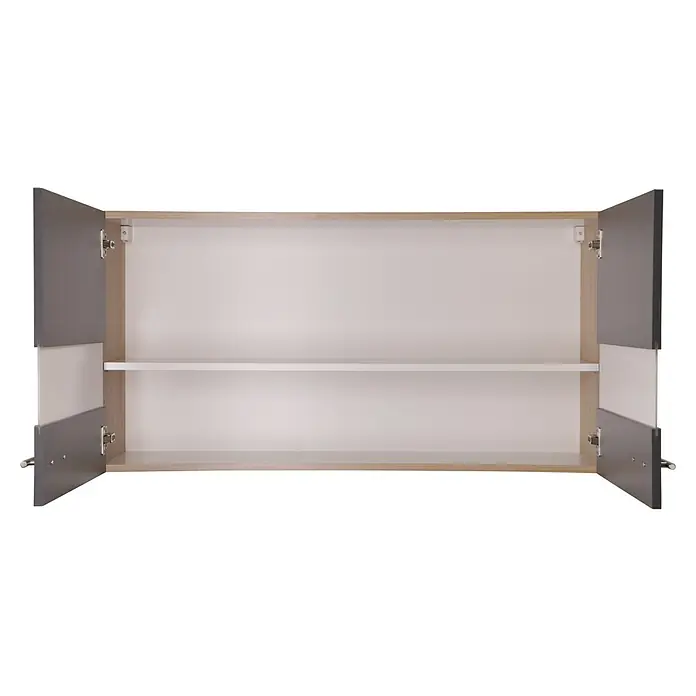 Respekta Merle Hängeschrank - B x T x H: 110 x 34,6 x 56,1 cm, Grau - Innenansicht eines offenen, modernen Badezimmerschranks mit einer Ablage, grau-weißen Türen und hellem Holzrahmen.