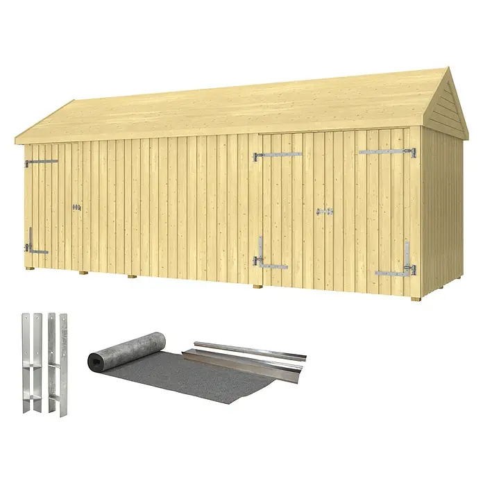 Plus Gartenhaus Classic Multi mit Doppel- und Einzeltür - Außenmaß inkl. Dachüberstand (B x T): 636 x 254 cm, Holz, Natur, Mit Dachpappe, Aluleisten und Bodenanker - Abbildung eines Holzschuppens mit Zubehör wie Dachpappe, Bodenschwellen und Metallprofilen für eine stabile und langlebige Konstruktion.