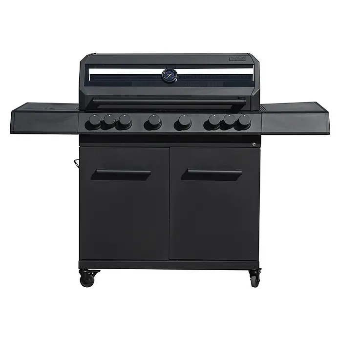 Kingstone KMS Barbacoa de gas Cliff 6500 Beast Black - Superficie de la parrilla (An x Pr): 90,5 x 45 cm, 27,2 kW, Número de quemadores: 6 - Imagen de una parrilla de gas negra con múltiples quemadores, perillas giratorias y un gabinete cerrado debajo.