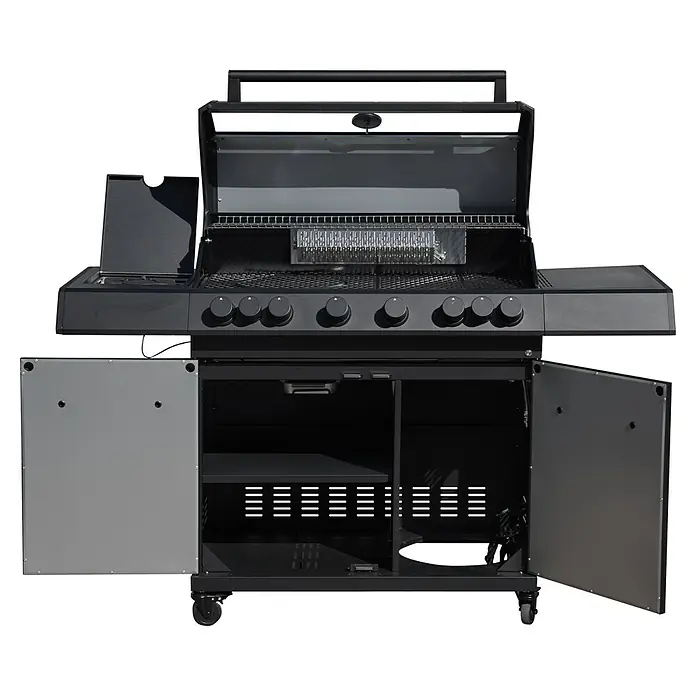 Kingstone KMS Barbacoa de gas Cliff 6500 Beast Black - Superficie de la parrilla (An x Pr): 90,5 x 45 cm, 27,2 kW, Número de quemadores: 6 - Imagen de una parrilla negra con puertas abiertas, que muestra sus características interiores. Ideal para experiencias culinarias al aire libre.