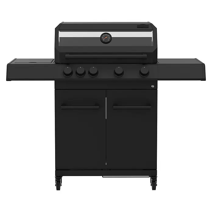 Kingstone KMS Barbacoa de gas Cliff 4500 Beast Black - Superficie de la parrilla (An x Pr): 72 x 45 cm, 17 kW, Número de quemadores: 4 - Barbacoa de gas negra con estantes laterales y armario para cocinar al aire libre.