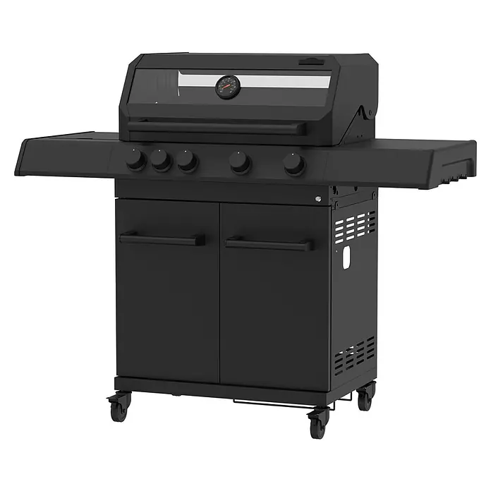 Kingstone KMS Barbacoa de gas Cliff 4500 Beast Black - Superficie de la parrilla (An x Pr): 72 x 45 cm, 17 kW, Número de quemadores: 4 - Barbacoa negra con cuatro quemadores, indicador de temperatura y dos mesas laterales para una experiencia de asado superior.