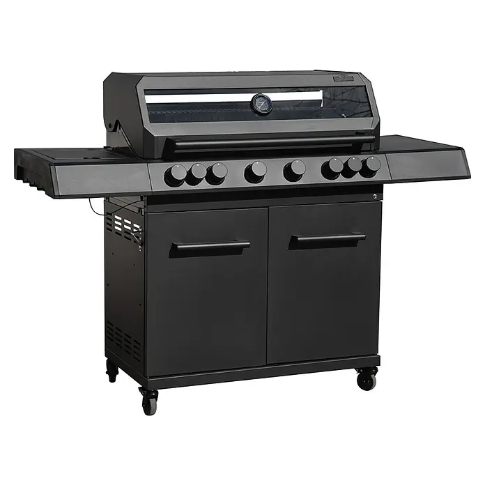 Kingstone KMS Barbacoa de gas Cliff 6500 Beast Black - Superficie de la parrilla (An x Pr): 90,5 x 45 cm, 27,2 kW, Número de quemadores: 6 - Barbacoa de gas negra con estante lateral y armario base con dos puertas para uso en exteriores.