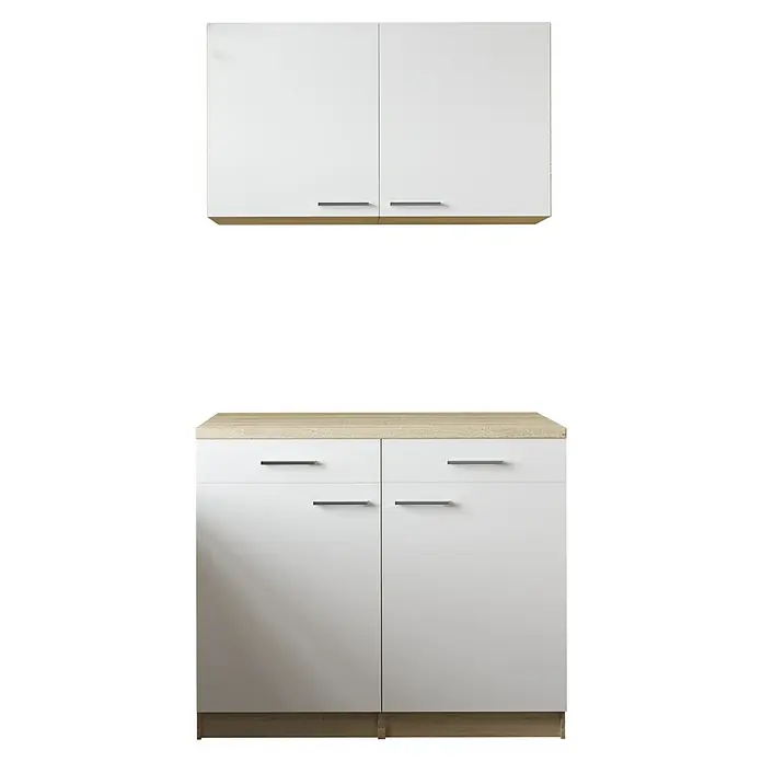 Respekta Merle Küchen-Set - 100 x 60 x 200 cm, Weiß - Weißer Küchenschrank mit hellbrauner Arbeitsplatte und silbernen Griffen. Das schlichte Design passt gut in moderne Küchen.