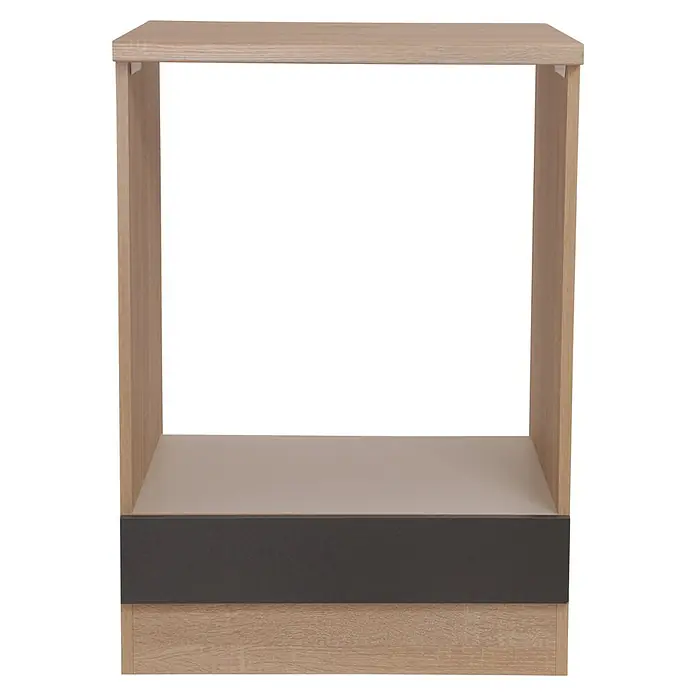 Respekta Merle Herdumbauschrank - B x T x H: 60 x 60 x 84,8 cm, Grau - Ansicht eines Regals mit heller Holzstruktur und einer Schublade mit dunkelgrauer Front. Ideal für die Aufbewahrung im Wohnbereich.