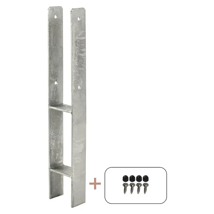 Plus H-Pfostenanker für Pfosten 9 cm - L x B x H: 6 x 9,1 x 60 cm, Silber - Pfostenhalterung aus verzinktem Stahl inklusive Schrauben und Abdeckkappen. Ideal zur sicheren Befestigung von Pfosten im Außenbereich.