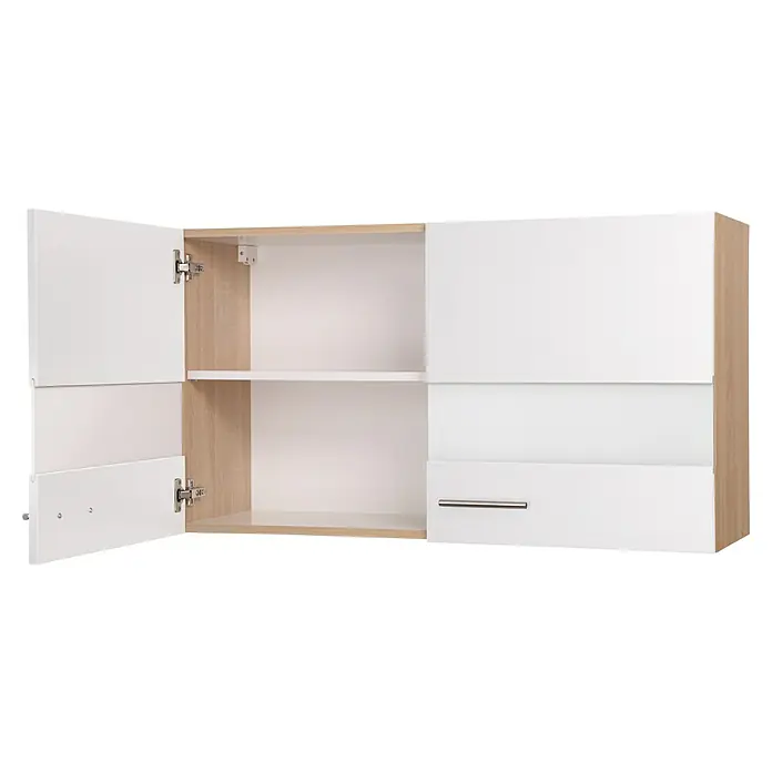 Respekta Merle Küchen-Hängeschrank - B x T x H: 100 x 34,6 x 56,1 cm, Weiß - Dieses Bild zeigt einen weißen Hängeschrank mit Holzrahmen und geöffneten Türen, der zwei Fächer offenbart. Der Schrank hat einen Schubladengriff.