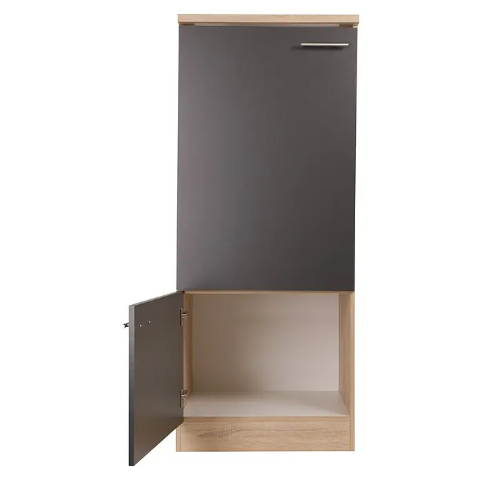 Respekta Merle Kühlumbauschrank - B x T x H: 60 x 60 x 144,8 cm, Grau, Für Kühlschrank - Ein moderner grauer Hängeschrank mit hellen Holzakzenten und einer offenen Tür, die das Innere zeigt.