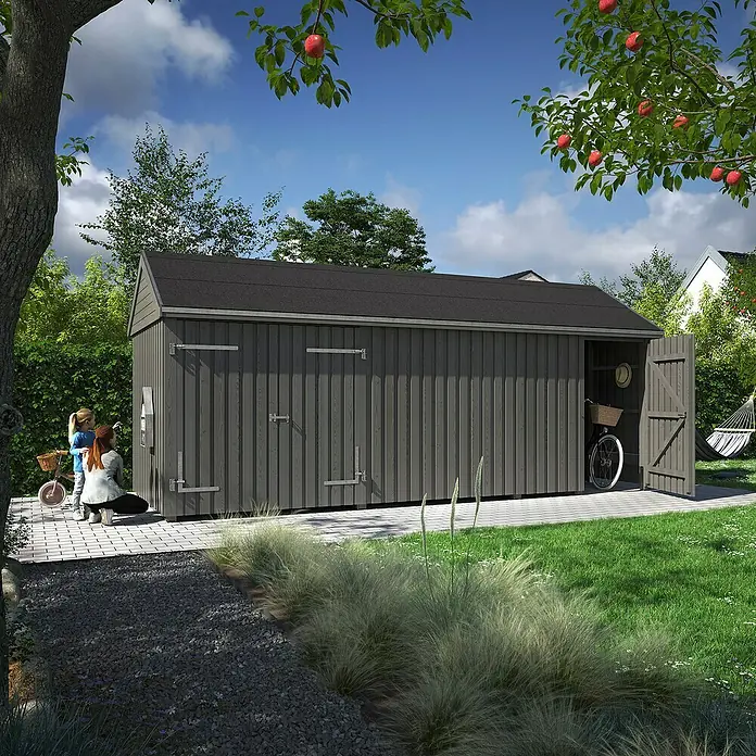 Plus Gartenhaus Classic Multi mit Doppel- und Einzeltür - Außenmaß inkl. Dachüberstand (B x T): 636 x 254 cm, Holz, Natur, Nur Gartenhaus - Das Bild zeigt ein geräumiges, graues Gartenhaus mit Doppeltüren und einem Satteldach in einer idyllischen Gartenlandschaft.