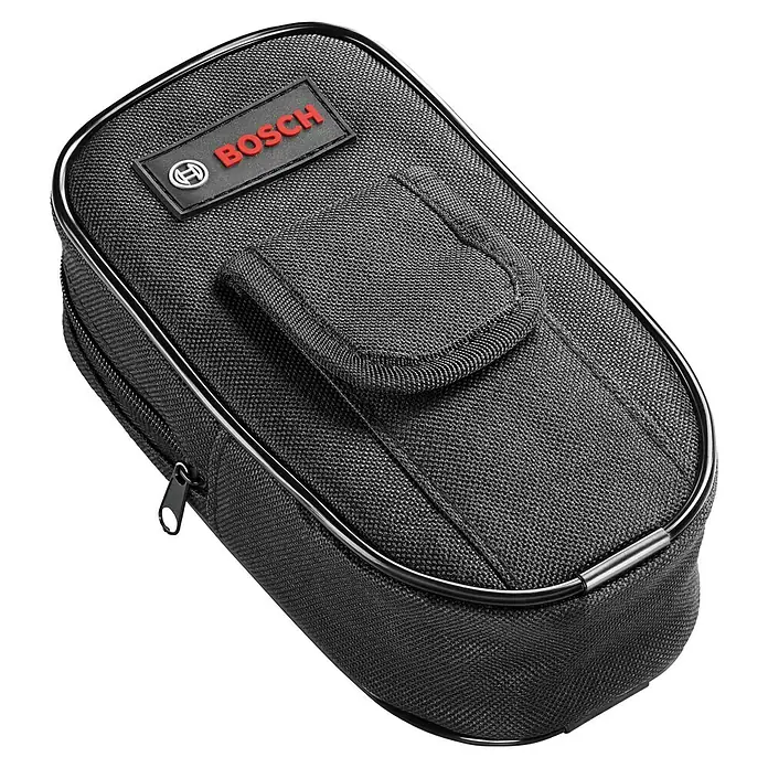 Bosch Cámara endoscópica Universal Inspect - Longitud cuello de cisne: 95 cm, Diámetro cabeza de cámara: 8 mm - Bolsa de herramientas negra de Bosch con cremallera y presilla para cinturón. El logo de Bosch es visible.