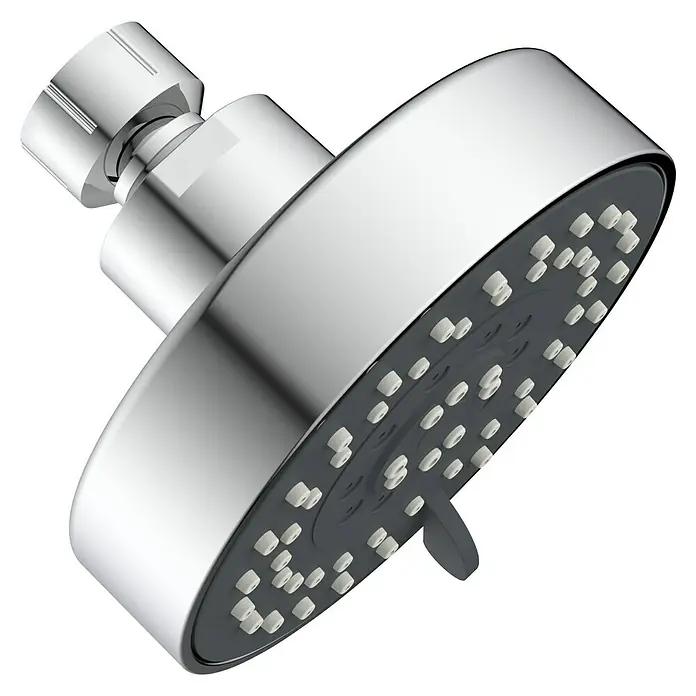 Schütte Handbrause Leon - Durchmesser: 10 cm, Chrom/Schwarz - Eine verchromte Duschbrause mit runder Form und weißen Düsen auf dunklem Hintergrund, ideal für moderne Badezimmer.