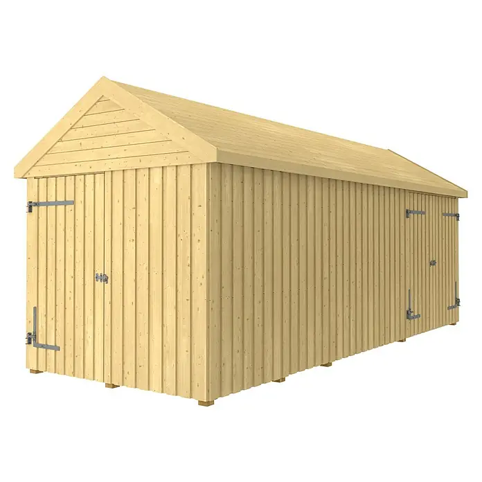 Plus Gartenhaus Classic Multi mit Doppel- und Einzeltür - Außenmaß inkl. Dachüberstand (B x T): 636 x 254 cm, Holz, Natur, Nur Gartenhaus - Ansicht eines Holzschuppens mit Satteldach, Holztüren und Beschlägen. Ideal für die Gartenaufbewahrung mit natürlicher Holzoptik.