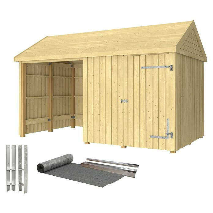 Plus Gartenhaus Classic Multi offen mit Einzeltür (Außenmaß inkl. Dachüberstand (B x T): 432 x 254 cm, Holz, Natur, Mit Dachpappe, Aluleisten und Bodenanker) | BAUHAUS