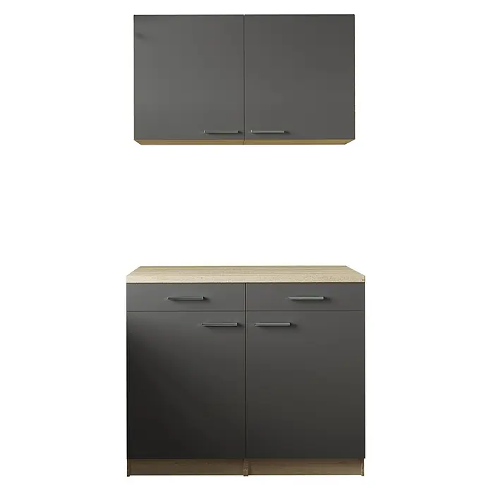 Respekta Merle Küchen-Set - 100 x 60 x 200 cm, Grau - Eine Nahaufnahme von grauen Küchenschränken mit hellen Arbeitsplatten und silbernen Griffen.