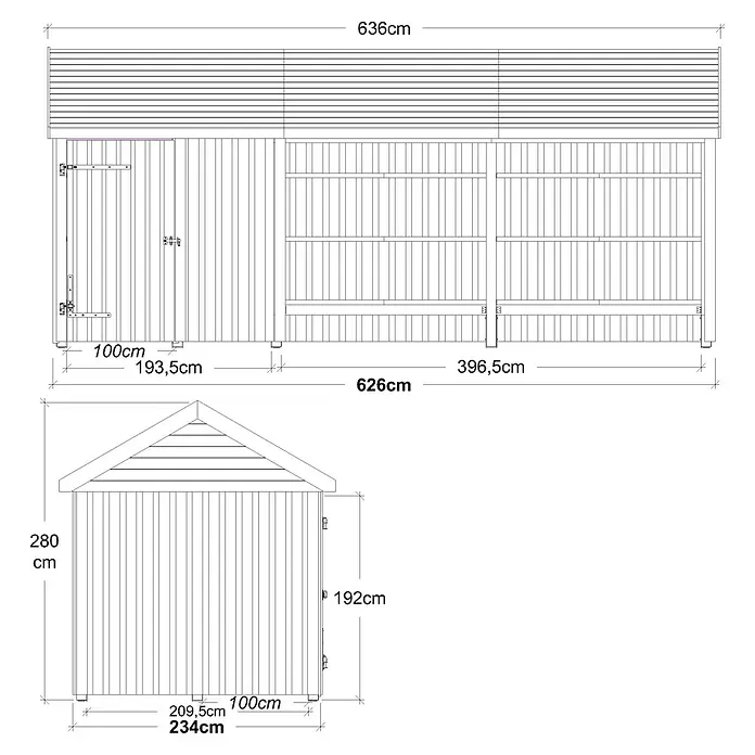 Plus Gartenhaus Classic Multi offen mit Einzeltür - Außenmaß inkl. Dachüberstand (B x T): 636 x 254 cm, Holz, Natur, Nur Gartenhaus - Skizze eines Gartenhauses mit Maßangaben zu Länge, Breite und Höhe des Hauses.