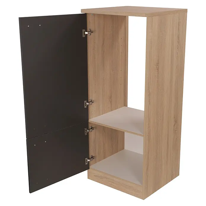 Respekta Merle Kühlumbauschrank - B x T x H: 60 x 60 x 144,8 cm, Grau, Für Kühlschrank - Offener Schrank mit Holzmuster und zwei weißen Regalböden, die viel Stauraum bieten. Die Tür ist dunkelgrau.