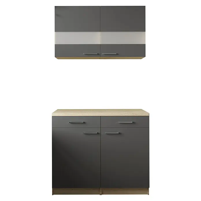 Respekta Merle Küchen-Set - 100 x 60 x 200 cm, Grau/Glas - Graue Küchenschränke mit hellem Holz Arbeitsplatte und Griffen. Moderne Küchenmöbel für stilvolle Einrichtung.