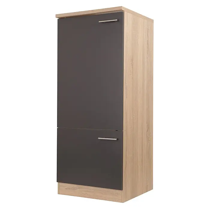 Respekta Merle Kühlumbauschrank - B x T x H: 60 x 60 x 144,8 cm, Grau, Für Kühlschrank - Moderner Hochschrank in Grau und Holzoptik mit zwei Türen und minimalistischen Griffen. Stilvolles Möbelstück für zusätzlichen Stauraum.
