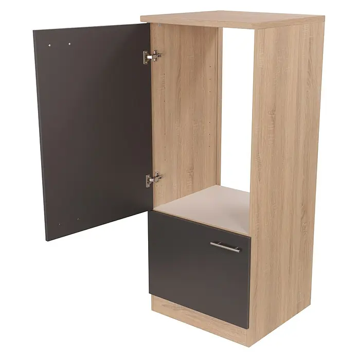 Respekta Merle Kühlumbauschrank - B x T x H: 60 x 60 x 144,8 cm, Grau, Für Kühlschrank - Ein Möbelstück mit einer grauen Tür und einer Holzstruktur. Es ist ein funktionales und modernes Design für die Aufbewahrung.