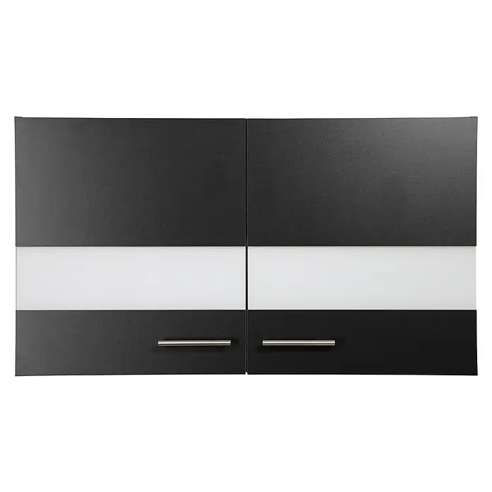 Respekta Merle Hängeschrank - B x T x H: 100 x 34,6 x 56,1 cm, Schwarz - Eine Nahaufnahme eines modernen Küchenschranks mit schwarzen Paneelen, weißen Akzenten und silbernen Griffen.