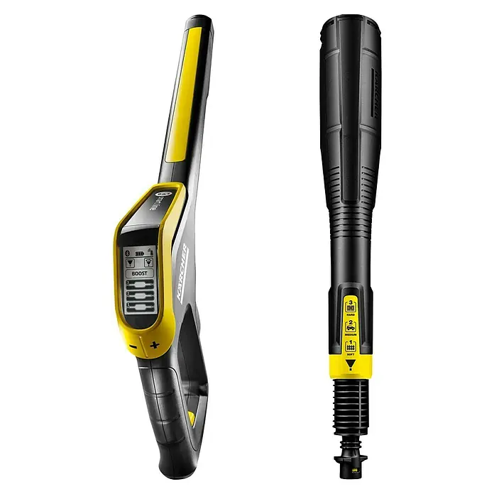 Kärcher Hochdruckreiniger K 5 Premium Smart Control Flex - 2.100 W, Betriebsdruck: 20 bar - 145 bar, Fördermenge: 500 l/h, 5 -tlg. - Das Bild zeigt die Kärcher Smart Control Pistole mit LCD-Display und das Vario Power Jet Rohr für Hochdruckreiniger.