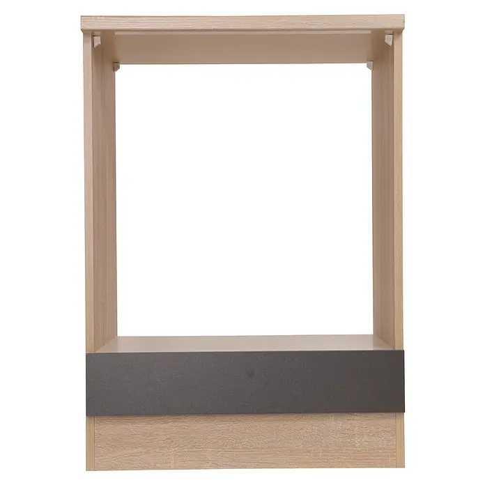 Respekta Merle Herdumbauschrank - B x T x H: 60 x 60 x 84,8 cm, Grau - Nahaufnahme eines hellen Holzregals mit einer grauen Schublade unten. Ideal für stilvolle Aufbewahrung.