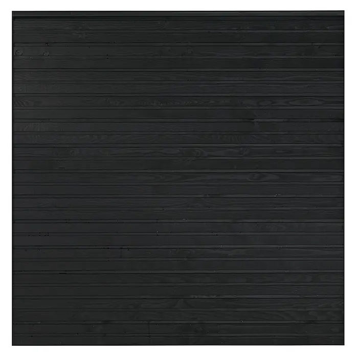 Plus Sichtschutzelement Plank - 174 x 166 cm, Schwarz (RAL 9005) - Eine Nahaufnahme einer schwarzen Holzpaneele mit einer sichtbaren Maserung, die eine dunkle, strukturierte Oberfläche zeigt.