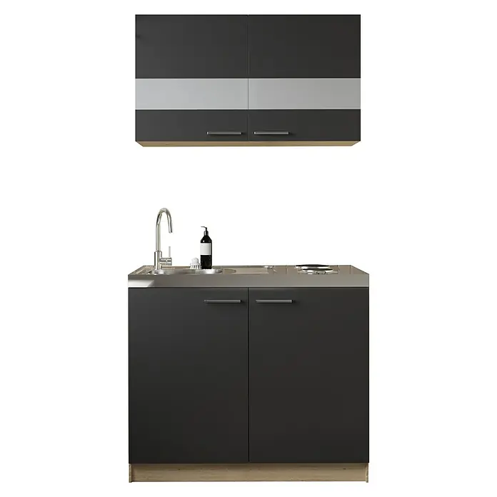 Respekta Merle Miniküche Typ 5 - Breite: 100 cm, Schwarz, Duo-Kochmulde - Küchenzeile mit grauen Schränken, Arbeitsplatte aus Edelstahl, Spüle, Armatur, Kochfeld und Hängeschränken.
