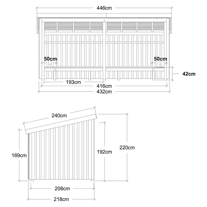 Plus Gartenhaus Grillhütte - Außenmaß inkl. Dachüberstand (B x T): 446 x 240 cm, Holz, Offen inkl. H-Pfostenanker, Dachpappe und Aluleisten - Maßzeichnung eines hölzernen, Latten-Geräteschuppens mit Pultdach, Vorder- und Seitenansichten und allen Maßen.