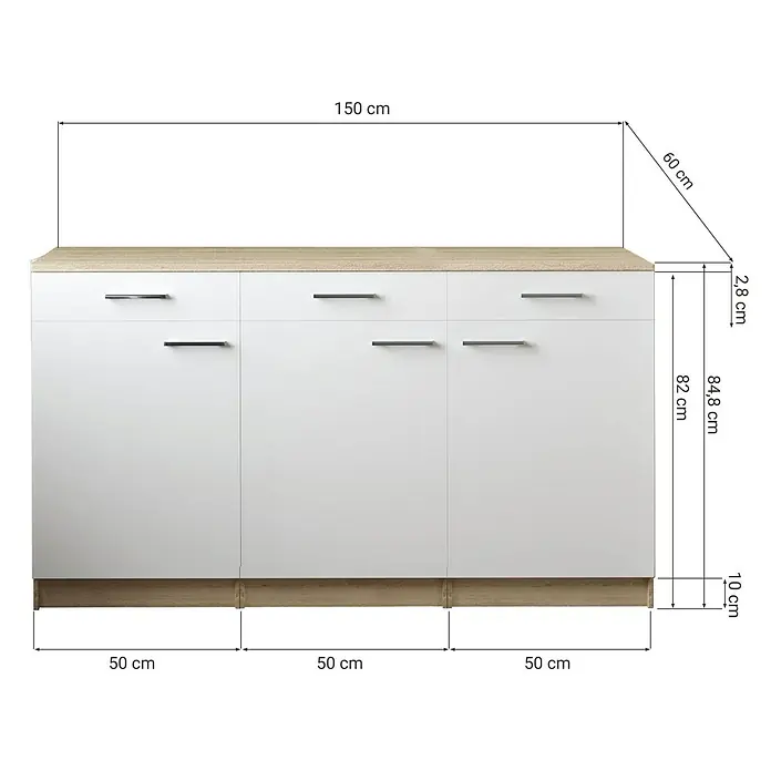 Respekta Merle Unterschrank - B x T x H: 150 x 60 x 85 cm, Grau - Abbildung eines modernen Sideboards mit Schubladen und den entsprechenden Abmessungen.