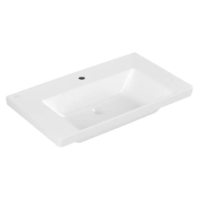 Villeroy & Boch Subway 3.0 Aufsatzwaschbecken - 80 x 47 cm, Mit schmutzabweisender Glasur, Ohne Überlauf, Stone White, Anzahl Hahnlöcher: 1 - Weißes rechteckiges Keramik-Waschbecken mit Hahnloch und integriertem Überlauf.