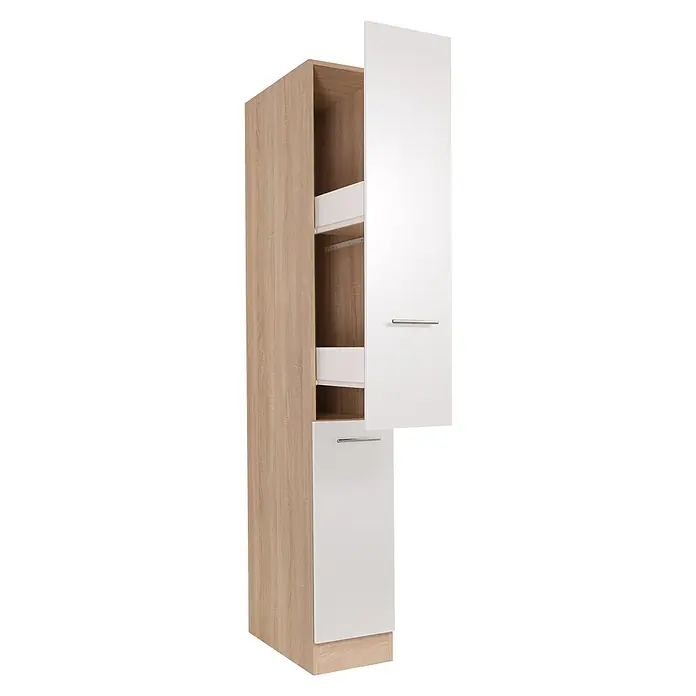 Respekta Merle Apotheker-Hochschrank - B x T x H: 30 x 60 x 200 cm, Weiß - Aufnahme eines modernen, zweifarbigen Hochschranks, der Stauraum und Stil vereint. Ideal für Küche oder Bad.