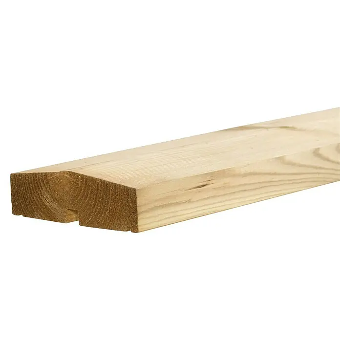 Plus Profilholz Klink - L x B x H: 200 x 11,4 x 3,4 cm, Natur - Nahaufnahme eines hellen, gehobelten Holzbretts mit sichtbarer Maserung und abgeschrägten Kanten, ideal für Bau- und Tischlerarbeiten.