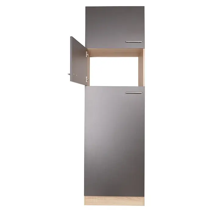 Respekta Merle Kühlumbauschrank - B x T x H: 60 x 60 x 200 cm, Grau - Küchenschrank mit grauen Türen und einem offenen Fach, ausgestattet mit einem eleganten, horizontalen Griff, ideal für moderne Küchen.