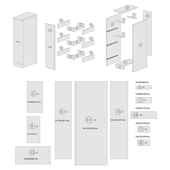 Respekta Merle Apotheker-Hochschrank (B x T x H: 30 x 60 x 144,8 cm, Weiß, mit Arbeitsplattenabdeckung) | BAUHAUS