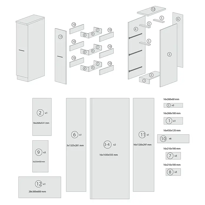 Respekta Merle Apotheker-Hochschrank - B x T x H: 30 x 60 x 144,8 cm, Grau, mit Arbeitsplattenabdeckung - Darstellung der Einzelteile eines Schranks mit Maßen und Anzahl, ideal für eine detaillierte Montageanleitung.