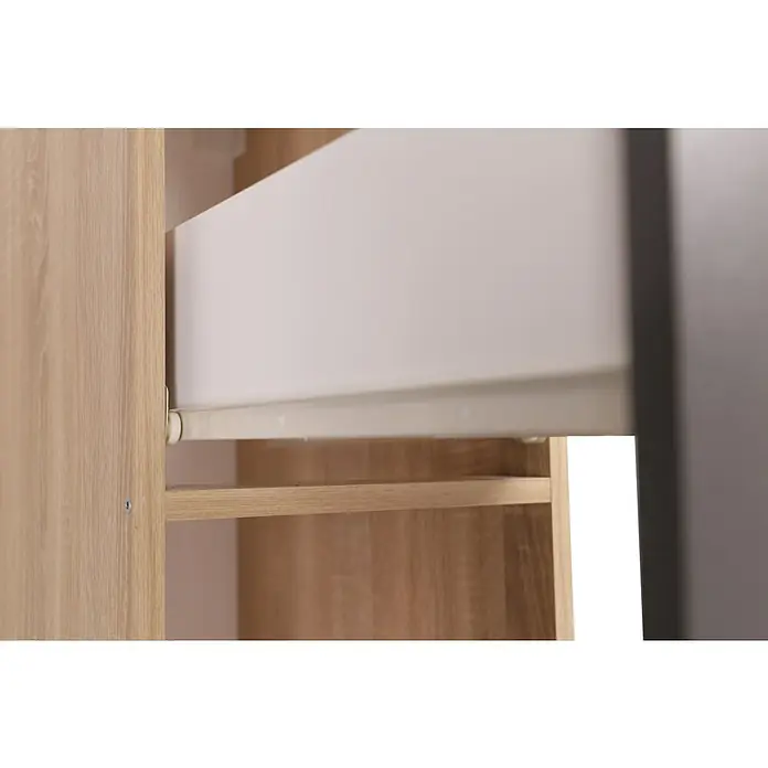 Respekta Merle Apotheker-Hochschrank - B x T x H: 30 x 60 x 144,8 cm, Grau, mit Arbeitsplattenabdeckung - Detailaufnahme eines Möbelfachs mit einer weißen Schublade, die teilweise herausgezogen ist, und einer hellen Holzstruktur im Hintergrund.