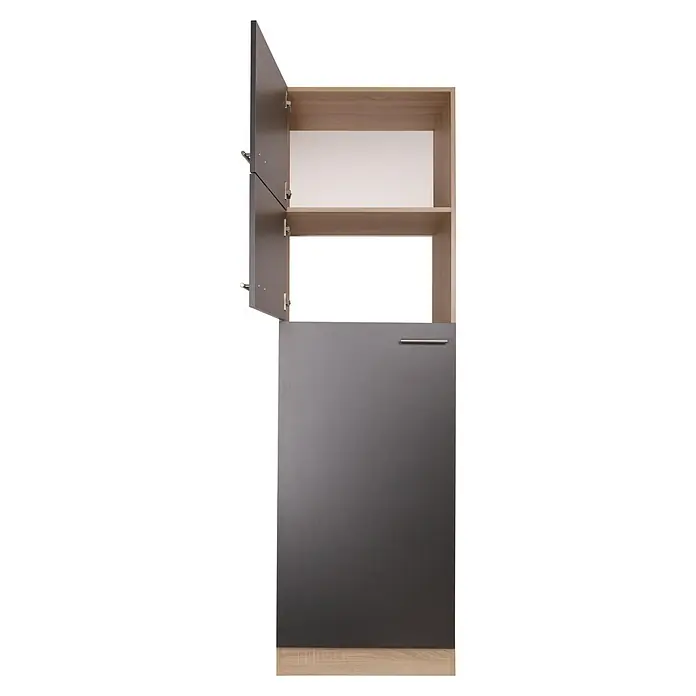 Respekta Merle Kühlumbauschrank - B x T x H: 60 x 60 x 200 cm, Grau - Grauer Küchenschrank mit offenen Türen oben und einer geschlossenen Tür unten. Modernes Design für die Küche.