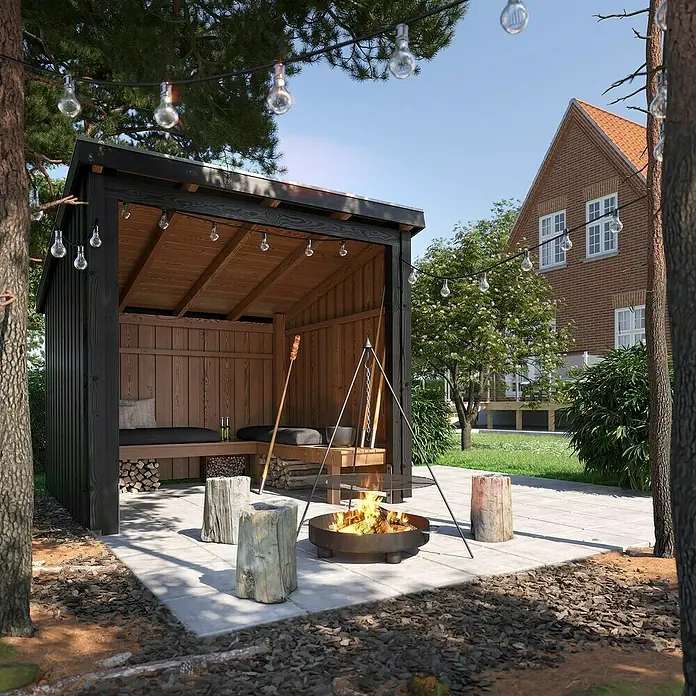 Plus Gartenhaus Grillhütte - Außenmaß inkl. Dachüberstand (B x T): 239 x 240 cm, Holz, Offen inkl. inkl. Dachpappe und Aluleisten - Gemütlicher Holzunterstand im Freien mit Feuerstelle und Lichterkette.