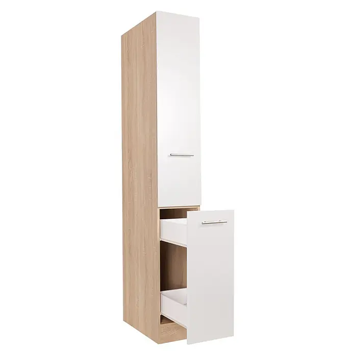Respekta Merle Apotheker-Hochschrank - B x T x H: 30 x 60 x 200 cm, Weiß - Aufnahme eines hellen Badezimmerschranks mit einer weißen Tür und einer Schublade darunter, ideal für Badezimmeraufbewahrung und Organisation.