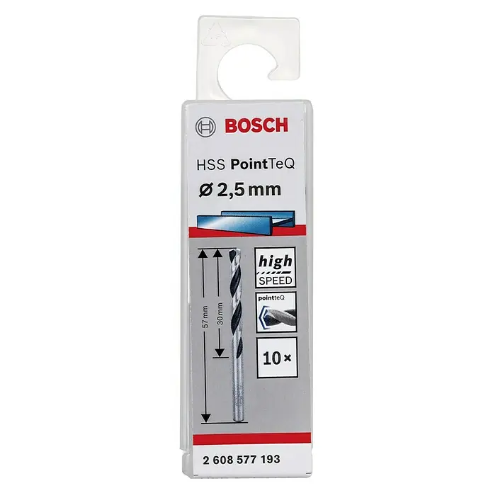 Bosch Metallbohrer - Durchmesser Bohrer: 2,5 mm, 10 Stk. - Verpackung eines 2,5 mm Bosch HSS PointTeQ-Bohrers, ideal zum Bohren von Metall mit hoher Geschwindigkeit und präziser Zentrierung.