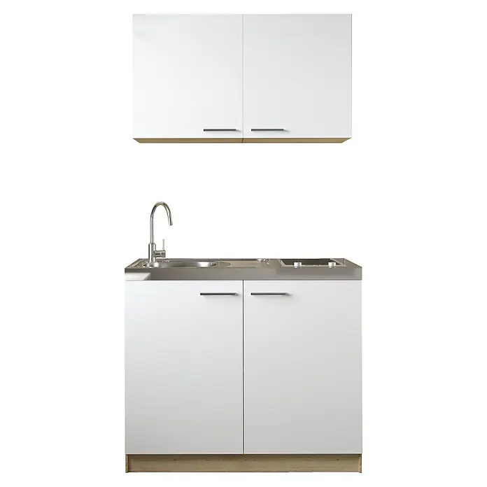 Respekta Merle Miniküche Set 4 - Breite: 100 cm, Weiß, Glaskeramikkochfeld - Das Bild zeigt eine moderne Küchenzeile mit weißen Schränken, einer Spüle und einem Kochfeld, ideal für kleine Küchen oder Apartments.